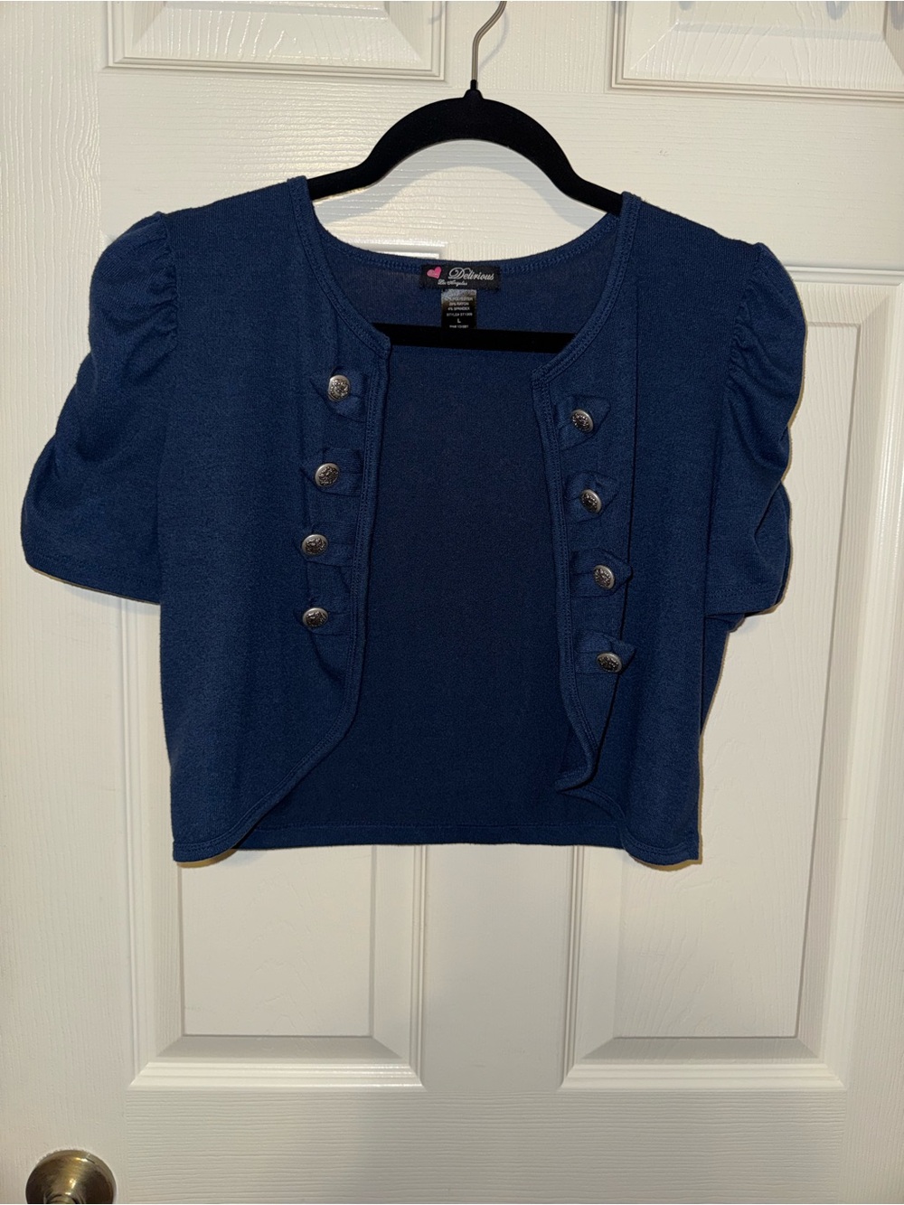 Delirious Navy Cropped Short-Sleeve Button-Accent Cardigan